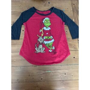 The Grinch Dr Seuss Raglan Baseball Tee Red Grey Max Dog Graphic Shirt Medium